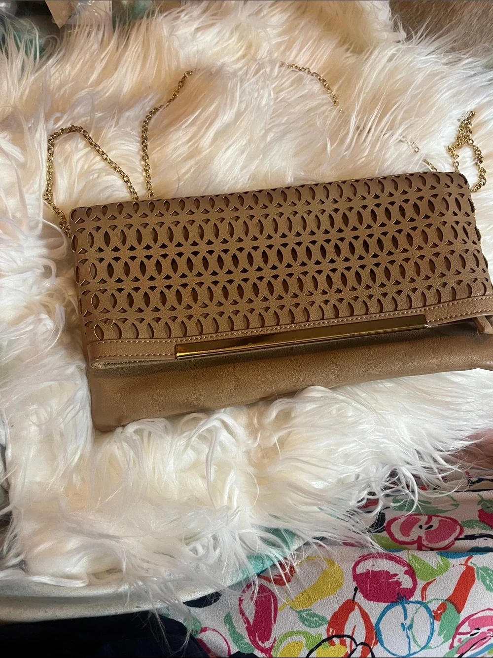Tan Laser-Cut Foldover Clutch with Gold Chain